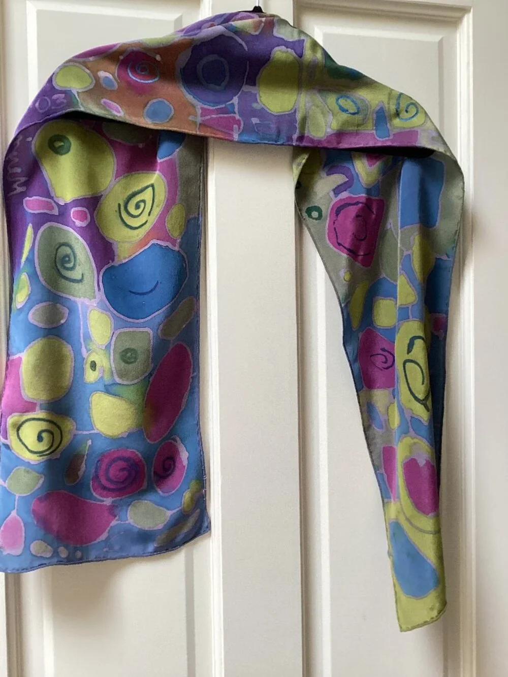 Blue, purple, green silk abstract scarf with flaw (10